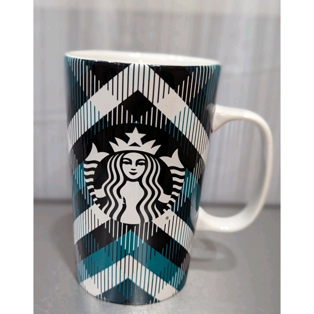 Starbucks 2015 Teal/White Tartan Plaid Tall 16oz‎ Mermaid Coffee Mug Retired